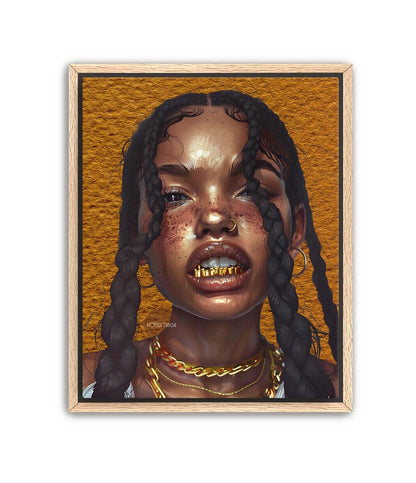 Black Woman Wall Canvas Art, Urban Afro Latina Canvas, Gold Grillz Print