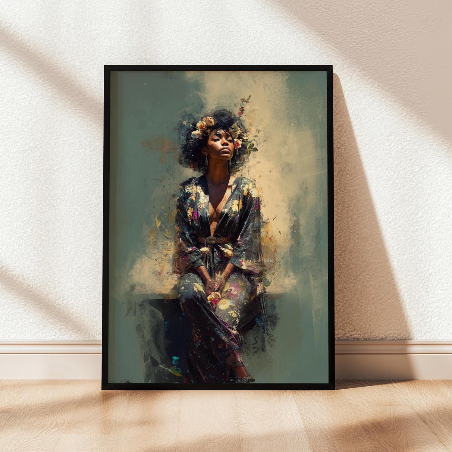 Bohemian Black Woman Art: Watercolor Canvas Portrait