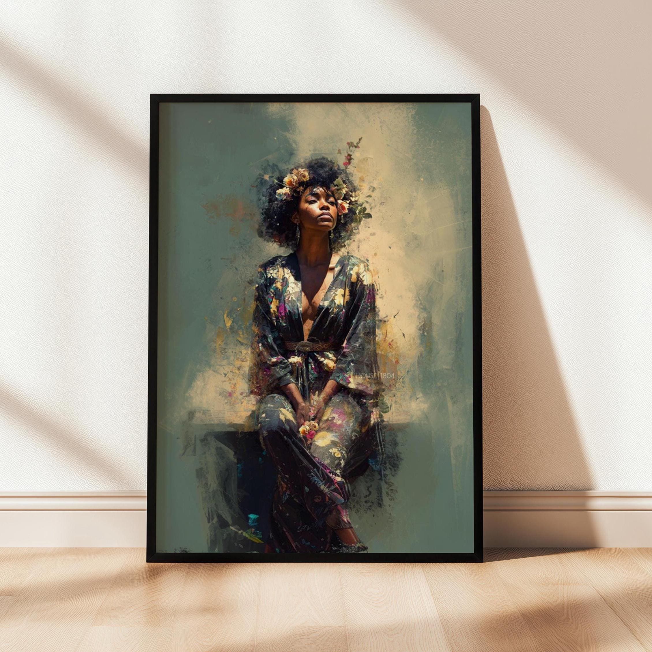 Bohemian Black Woman Art: Watercolor Canvas Portrait