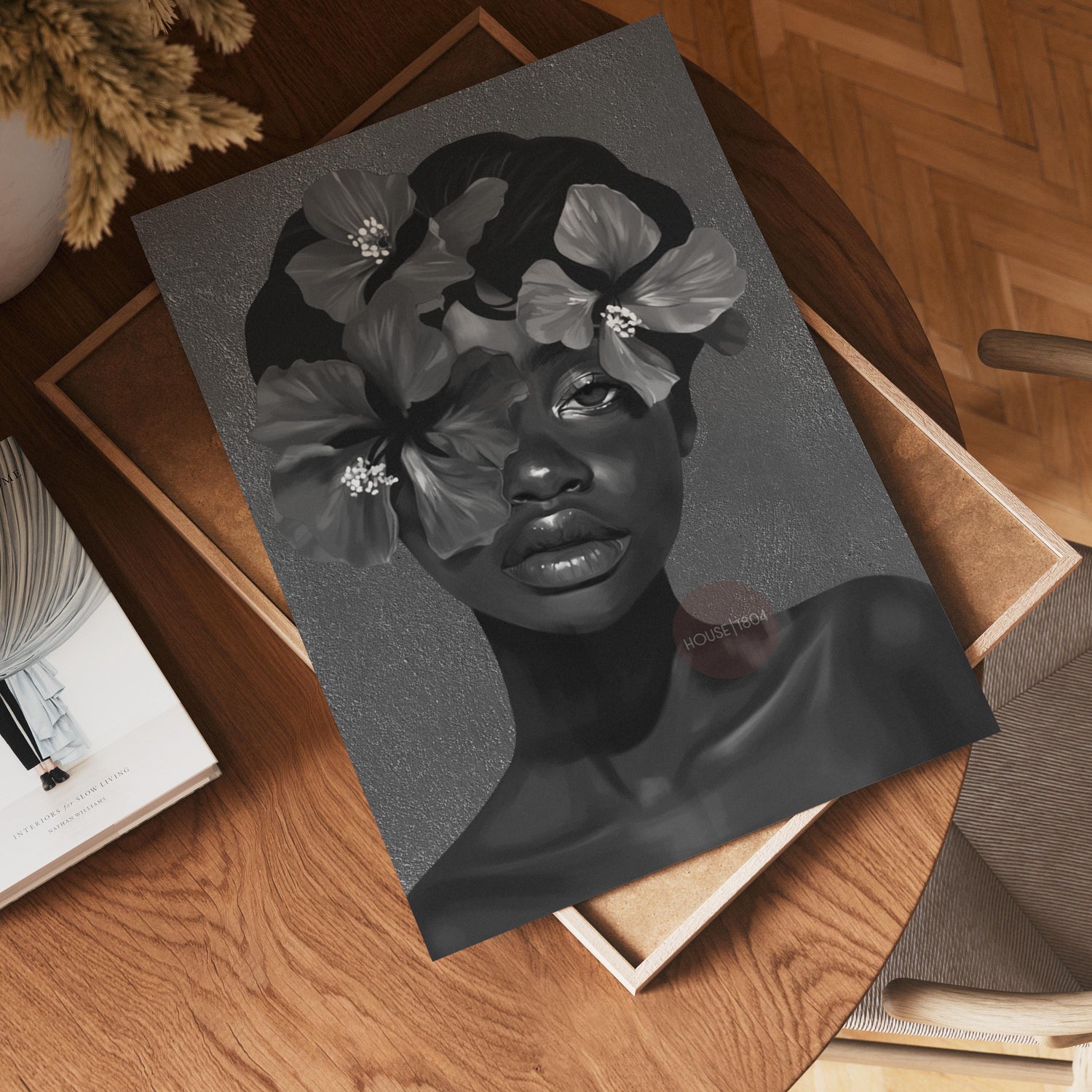 Black Woman Flower Art Print: Monochrome Portrait Wall Art