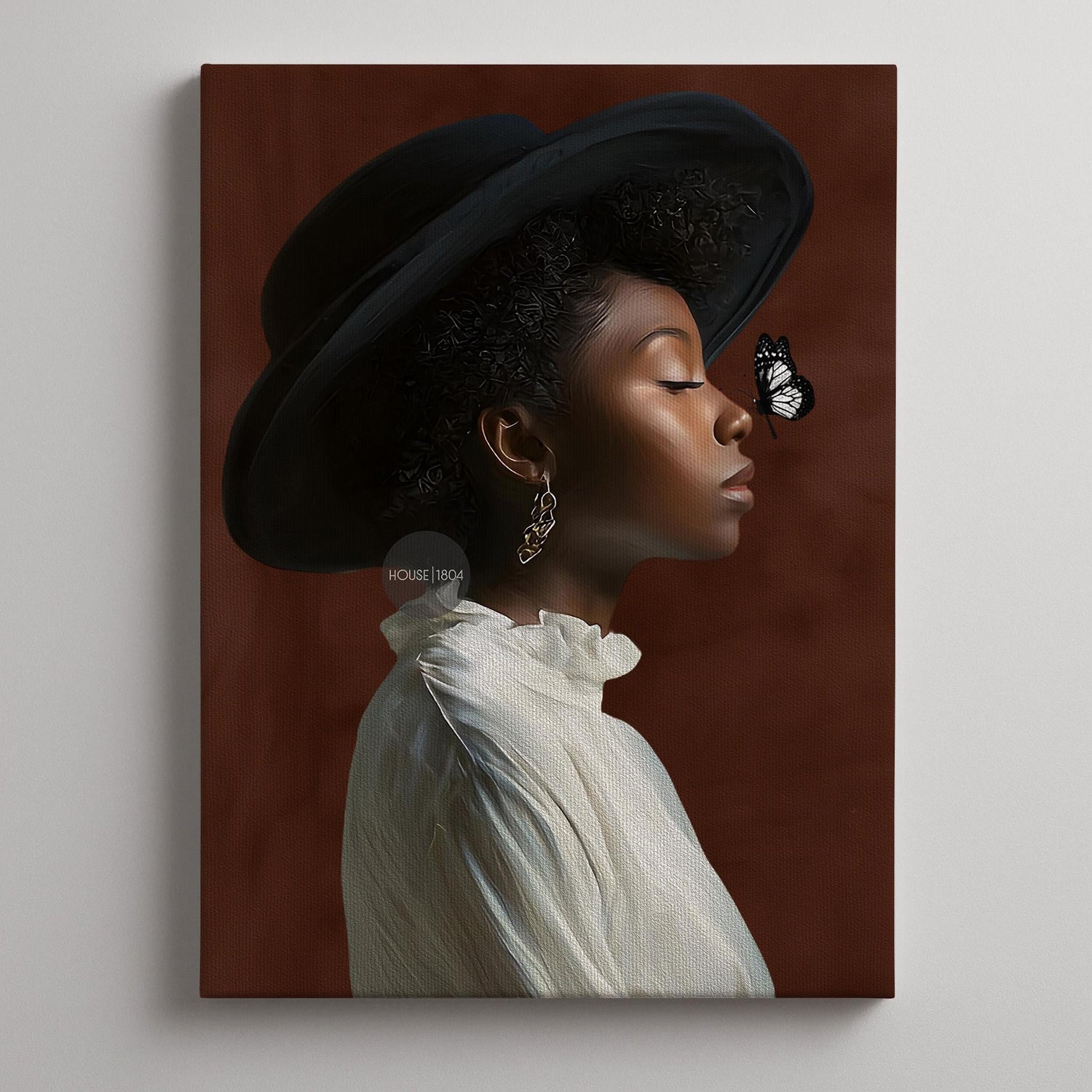 A woman wearing a large black hat and a white blouse is shown in profile, with a butterfly resting on her nose.
