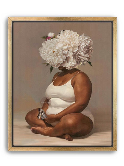 Curvy Black Woman Meditation Canvas: Flower Head Art, Positive Body Art Print