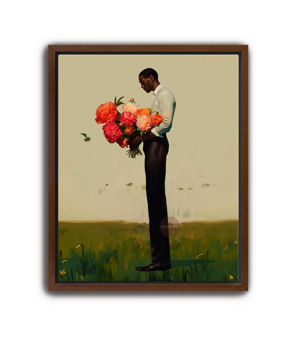 Black Man Flower Canvas Art Print: Floral Portrait Framed