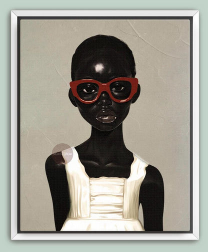 African American Girl Portrait Canvas Print, Red Burgundy + Beige