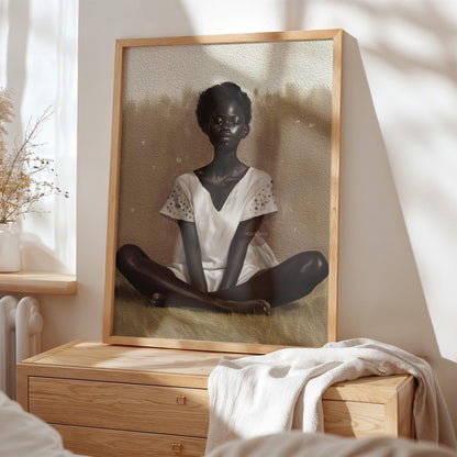 Black Woman Relaxing Wall Art – Afrocentric Canvas, Melanin Decor, Beige Luxury Print