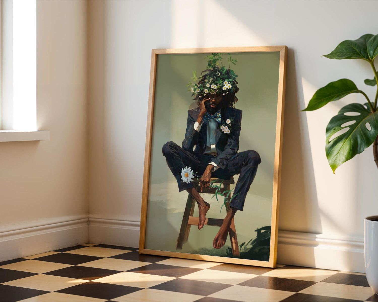 Black Man Floral Wall Art, Abstract Male Portrait, Contemporary Modern Canvas Print, Male Abstract Moody Wall Framed Print