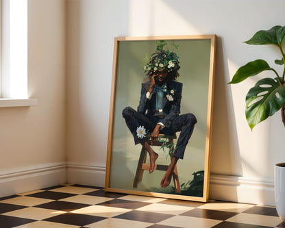 Black Man Floral Wall Art, Abstract Male Portrait, Contemporary Modern Canvas Print, Male Abstract Moody Wall Framed Print