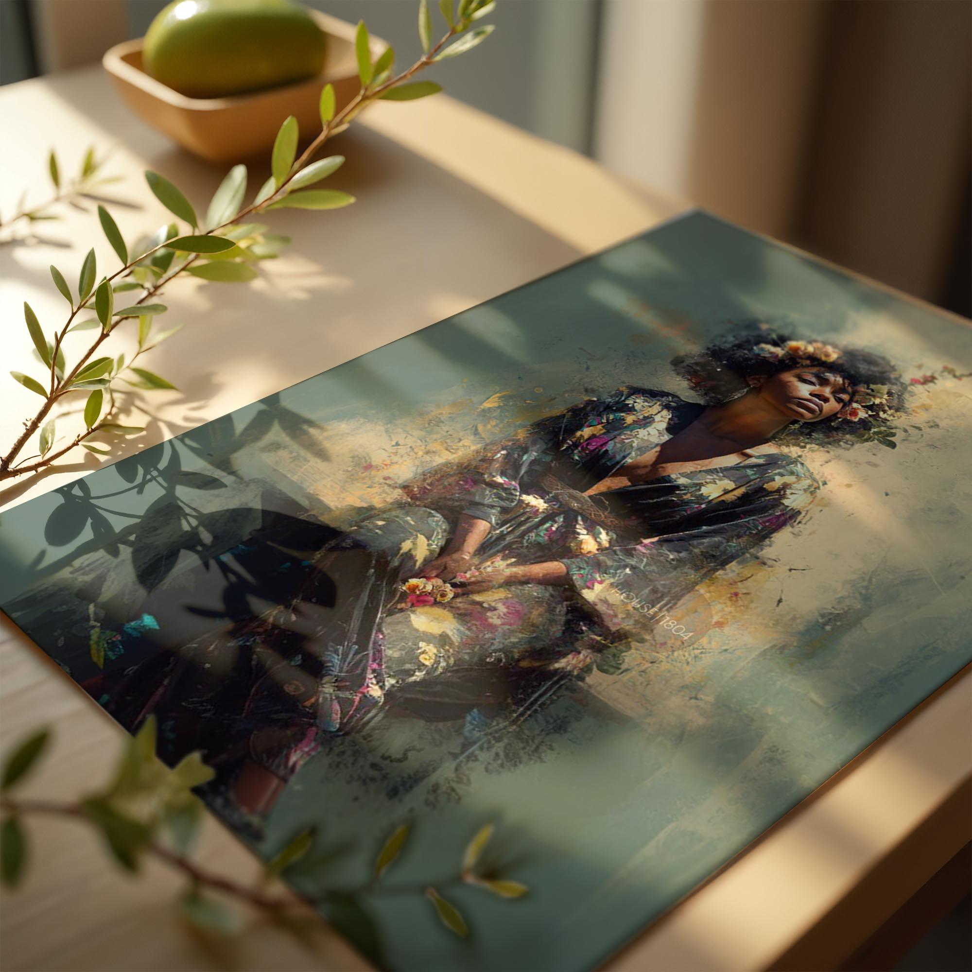 Bohemian Black Woman Art: Watercolor Canvas Portrait