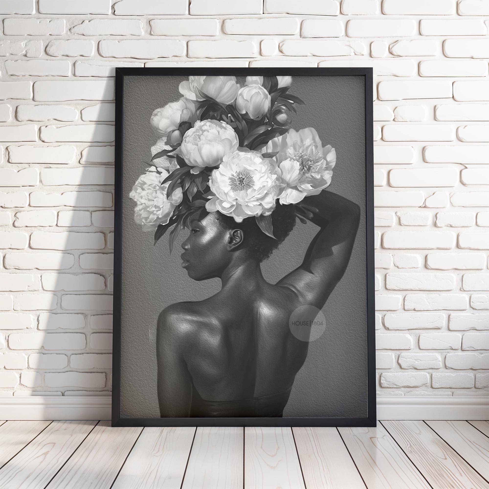 Black and White Black Woman Flower Art Print