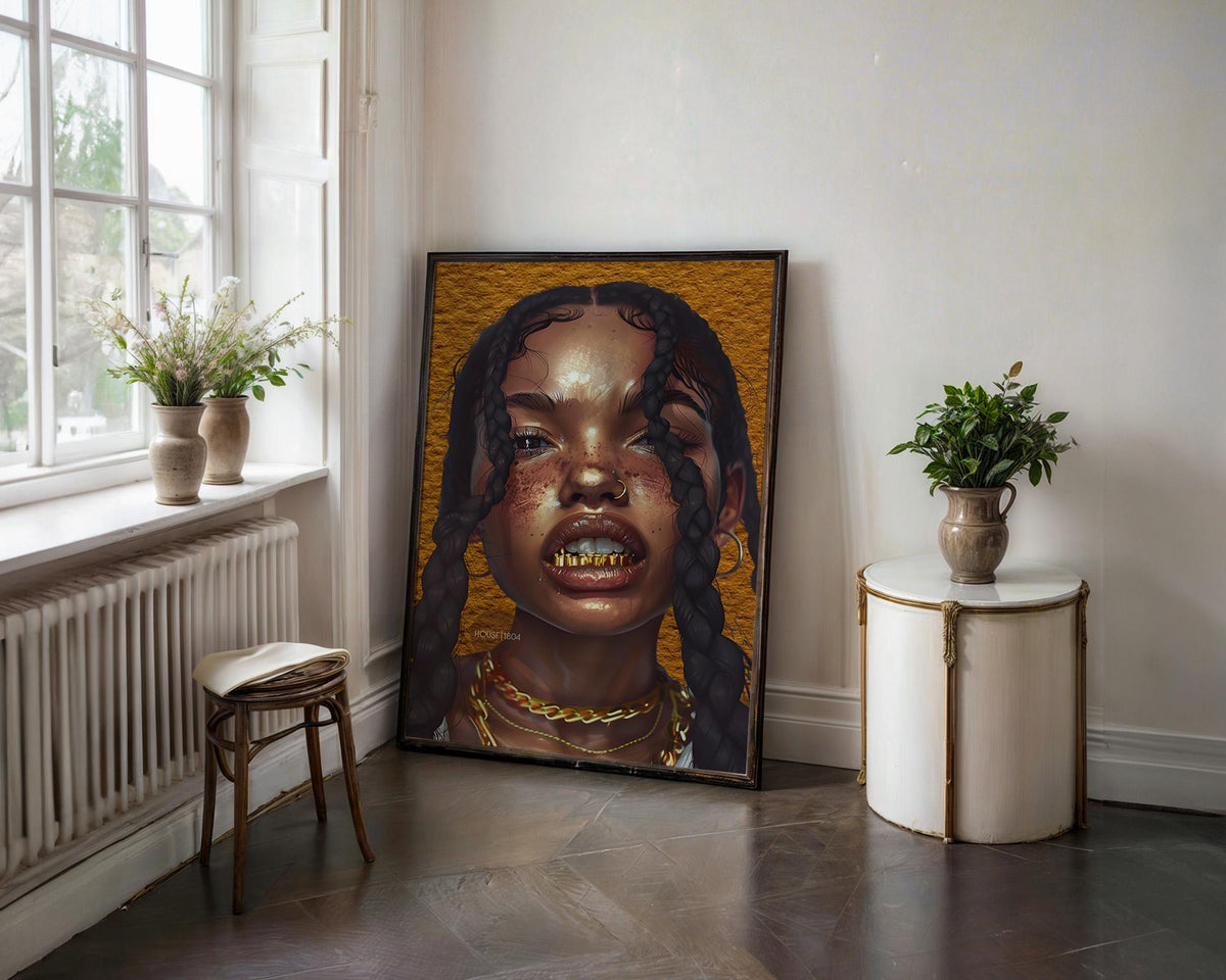 Black Woman Wall Canvas Art, Urban Afro Latina Canvas, Gold Grillz Print