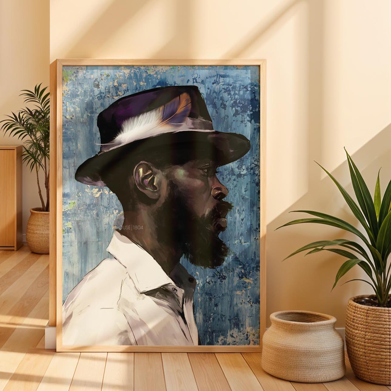 Modern Black Man Blues Framed Wall Art Gift for Him