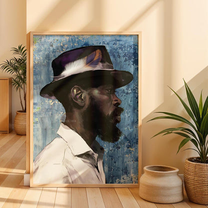 Modern Black Man Blues Framed Wall Art Gift for Him