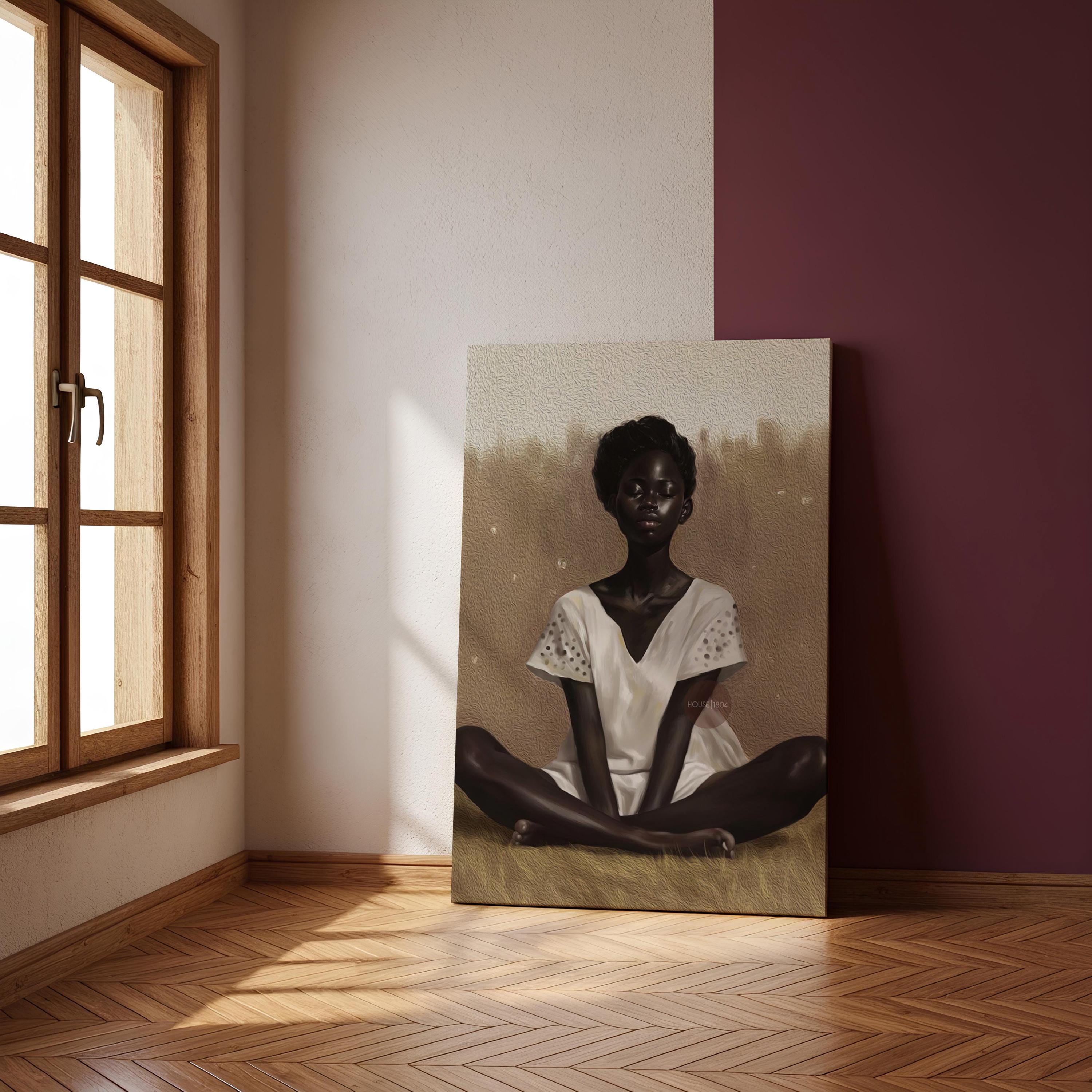 Black Woman Relaxing Wall Art – Afrocentric Canvas, Melanin Decor, Beige Luxury Print