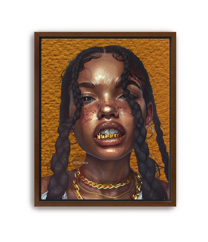Black Woman Wall Canvas Art, Urban Afro Latina Canvas, Gold Grillz Print
