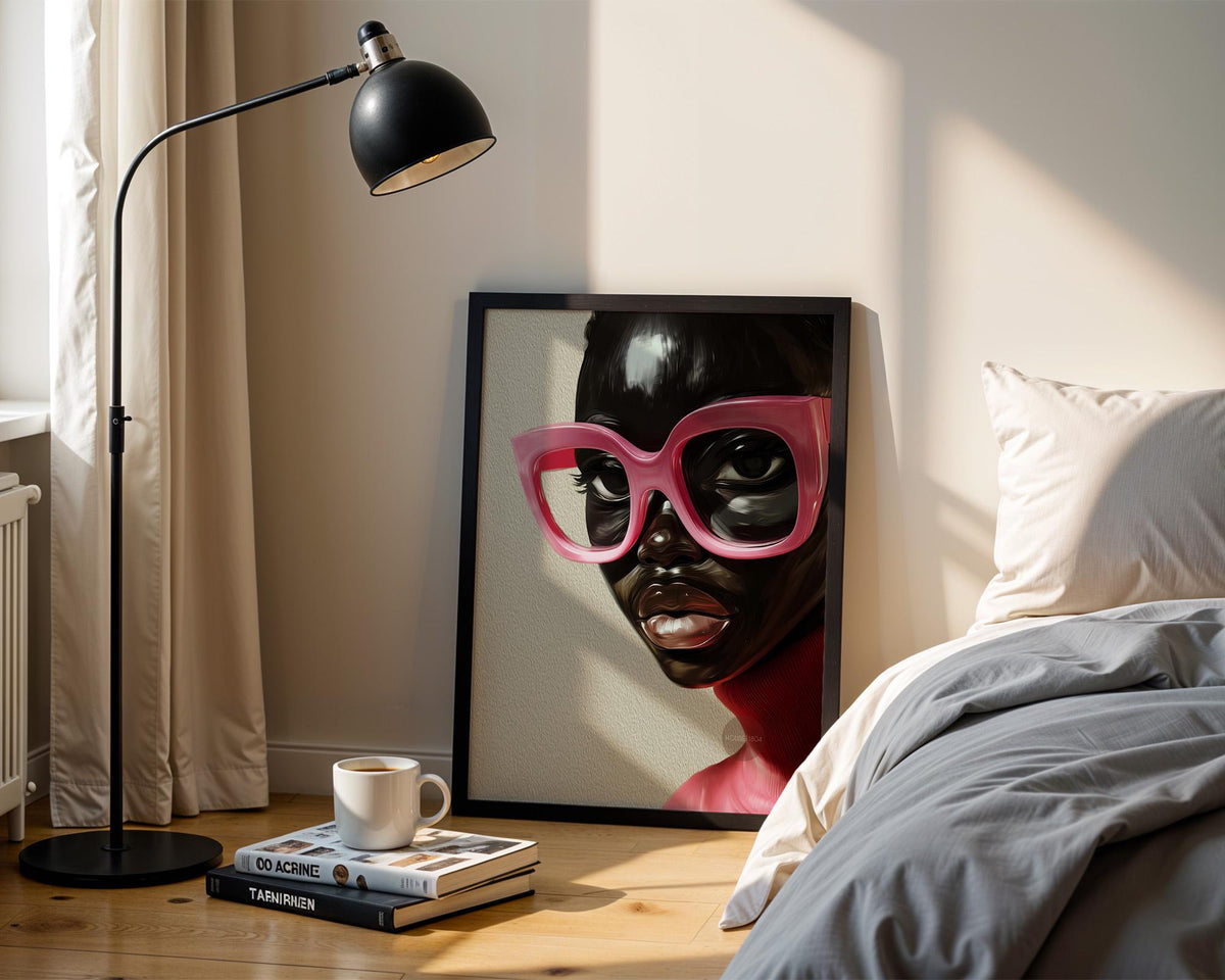 Black Woman Wall Art, Vintage Glasses, Afrocentric Glamour Canvas Print, Pink
