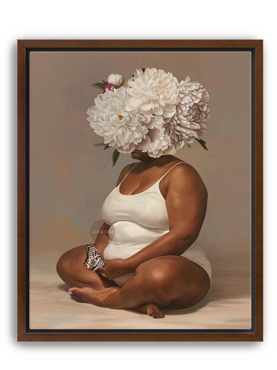 Curvy Black Woman Meditation Canvas: Flower Head Art, Positive Body Art Print