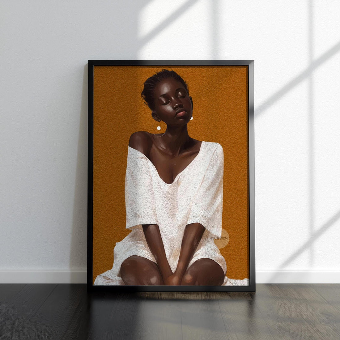 A Black woman in a white digitally textured dress is depicted in a portrait against an honey orange background. Her eyes are closed, in deep thought.