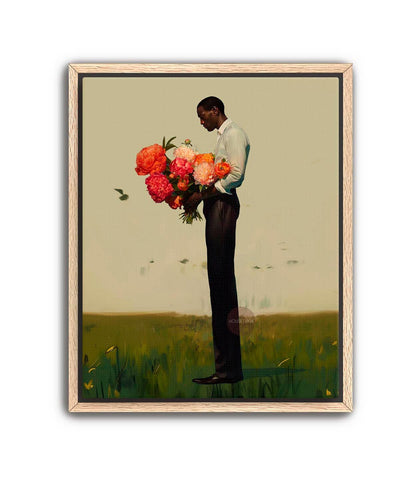Black Man Flower Canvas Art Print: Floral Portrait Framed