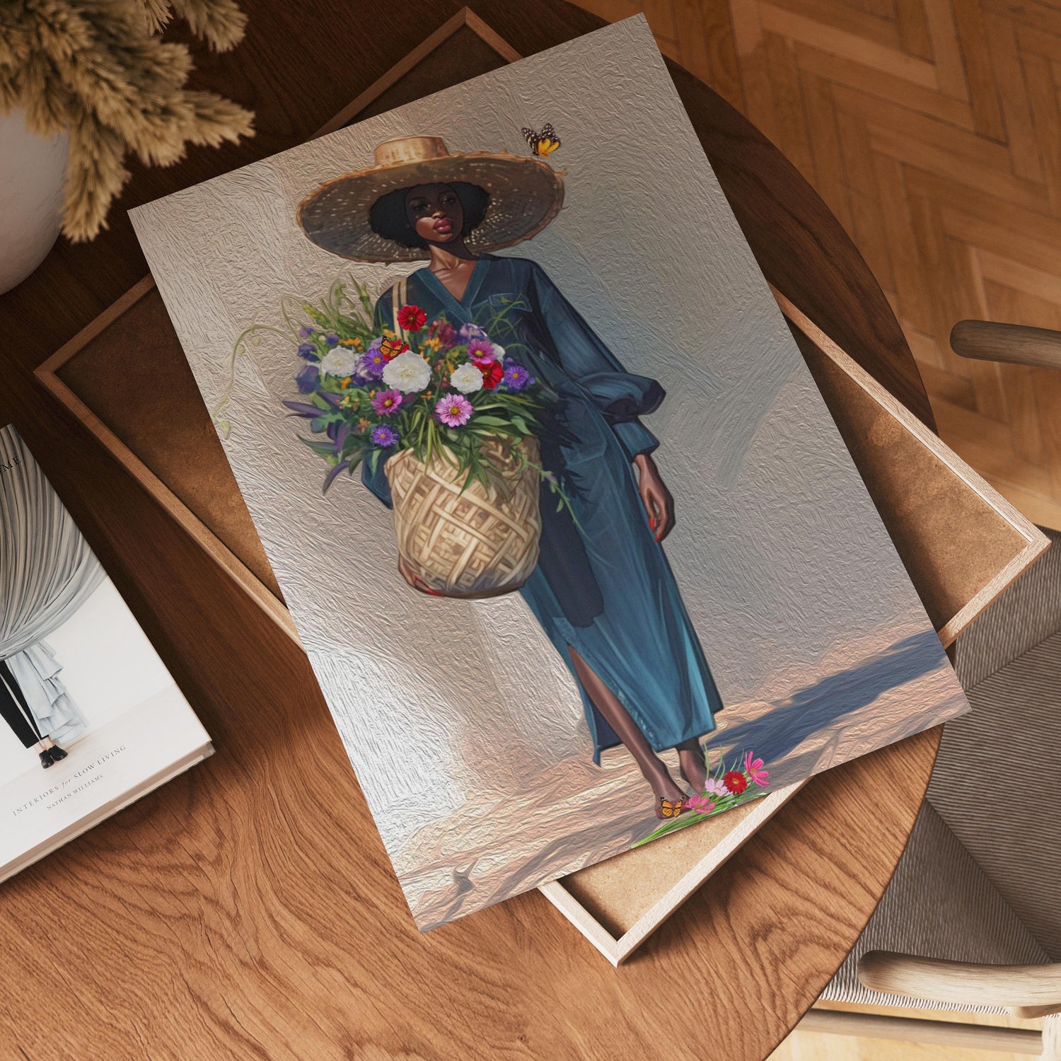 Black Woman Floral Canvas Art, Tropical Botanical Woman Portrait, Plant Lady with Flowers Canvas Art