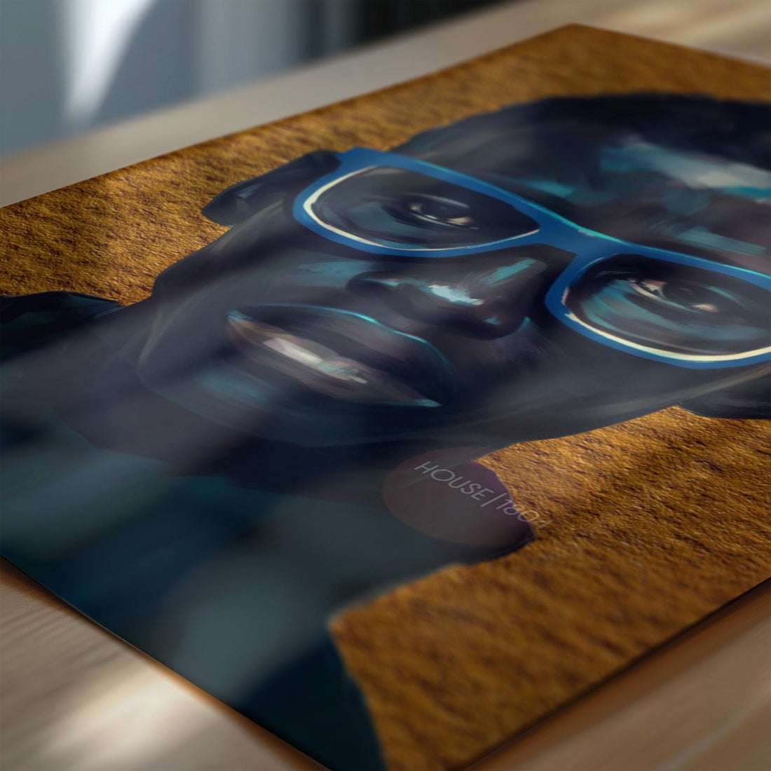 Detail of electric-blue glasses and teal highlights in a Black boy portrait