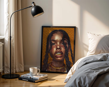 Black Woman Wall Canvas Art, Urban Afro Latina Canvas, Gold Grillz Print