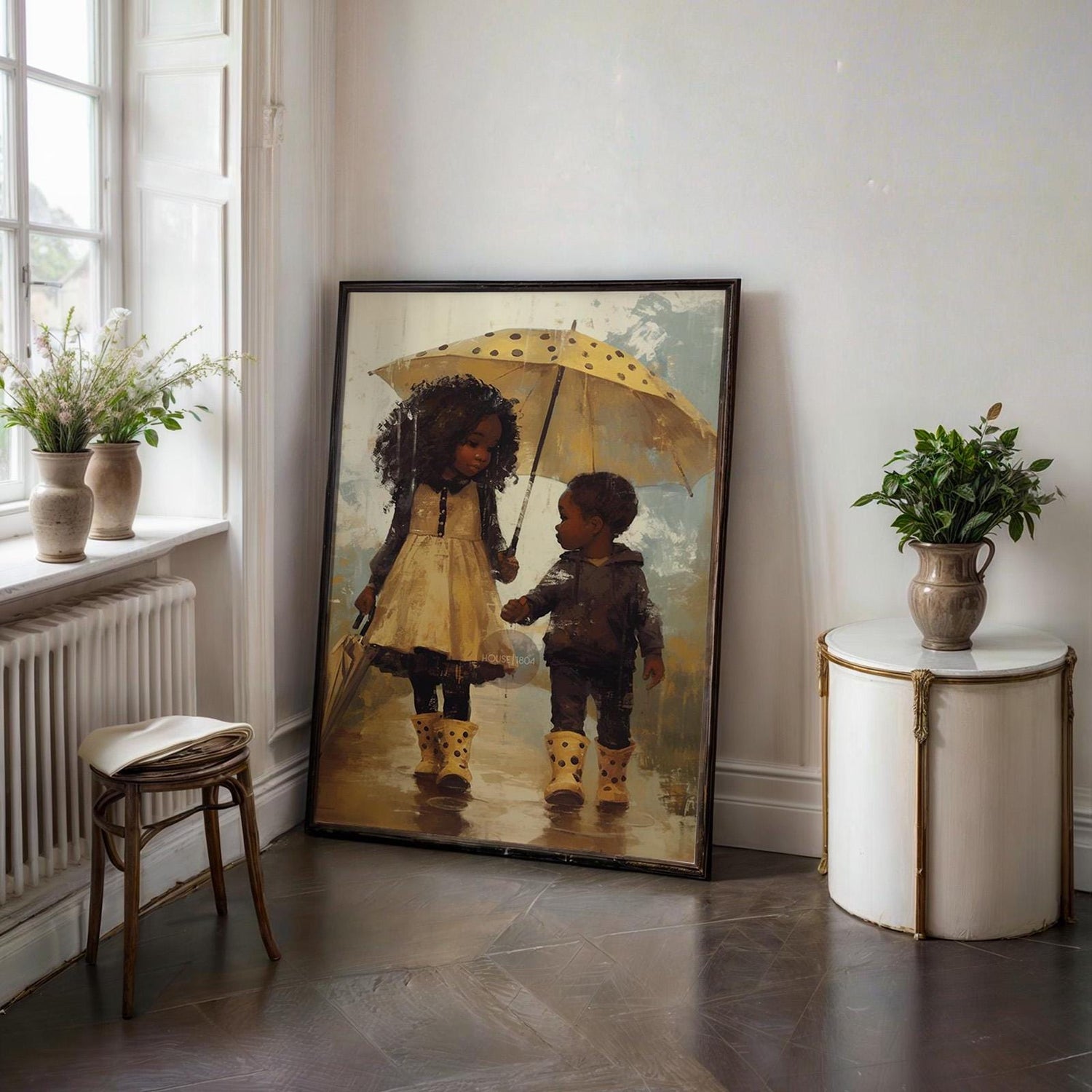 Black Sibling Art Print: Brother and Sister in Rain