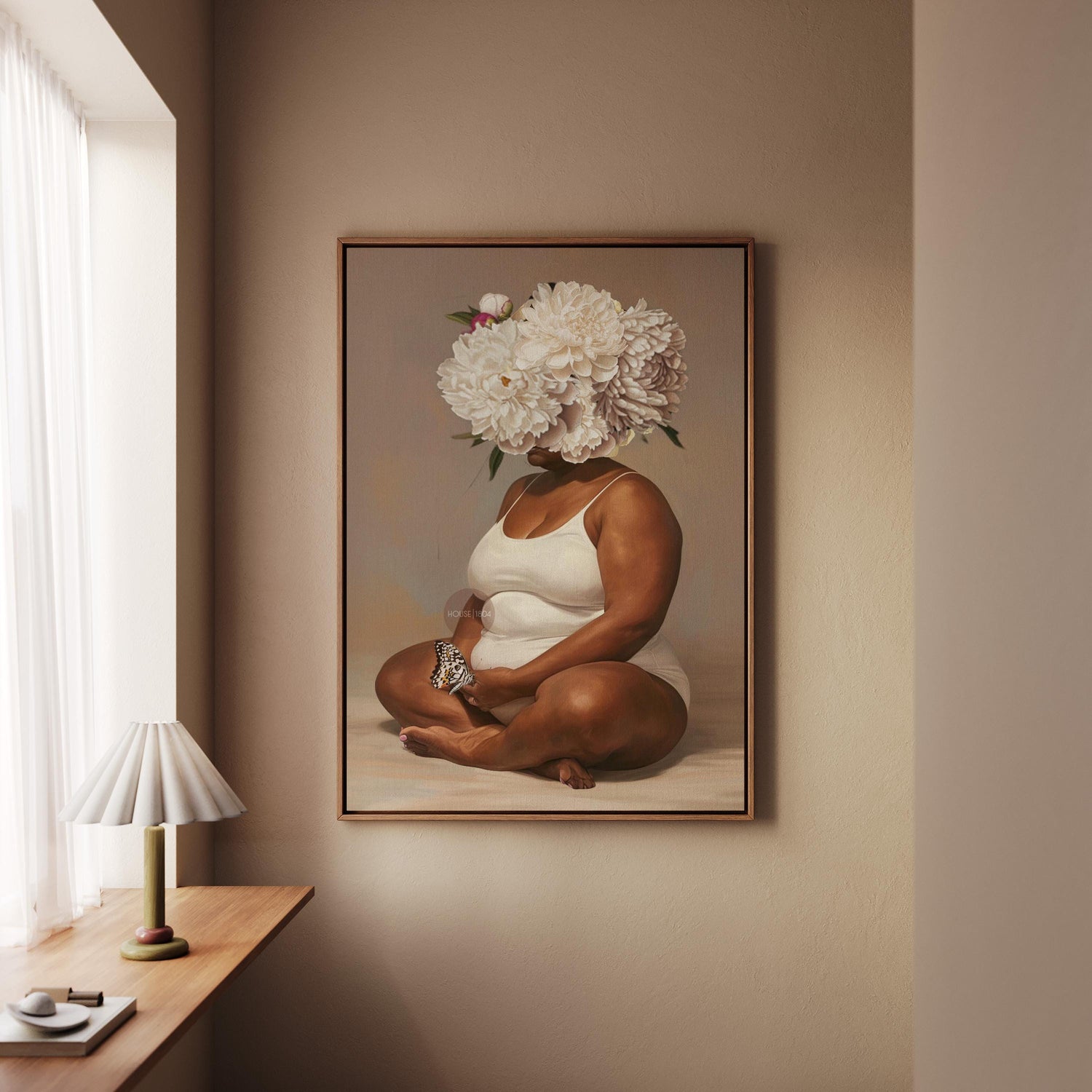 Curvy Black Woman Meditation Canvas: Flower Head Art, Positive Body Art Print