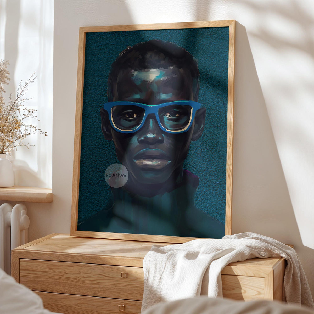 Modern Black Boy Art, Blue Portrait Art Fine Print Canvas | Framed or Unframed