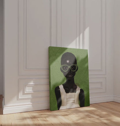 Black Girl Portrait Abstract Art: Green Bohemian Print, Urban Home Canvas