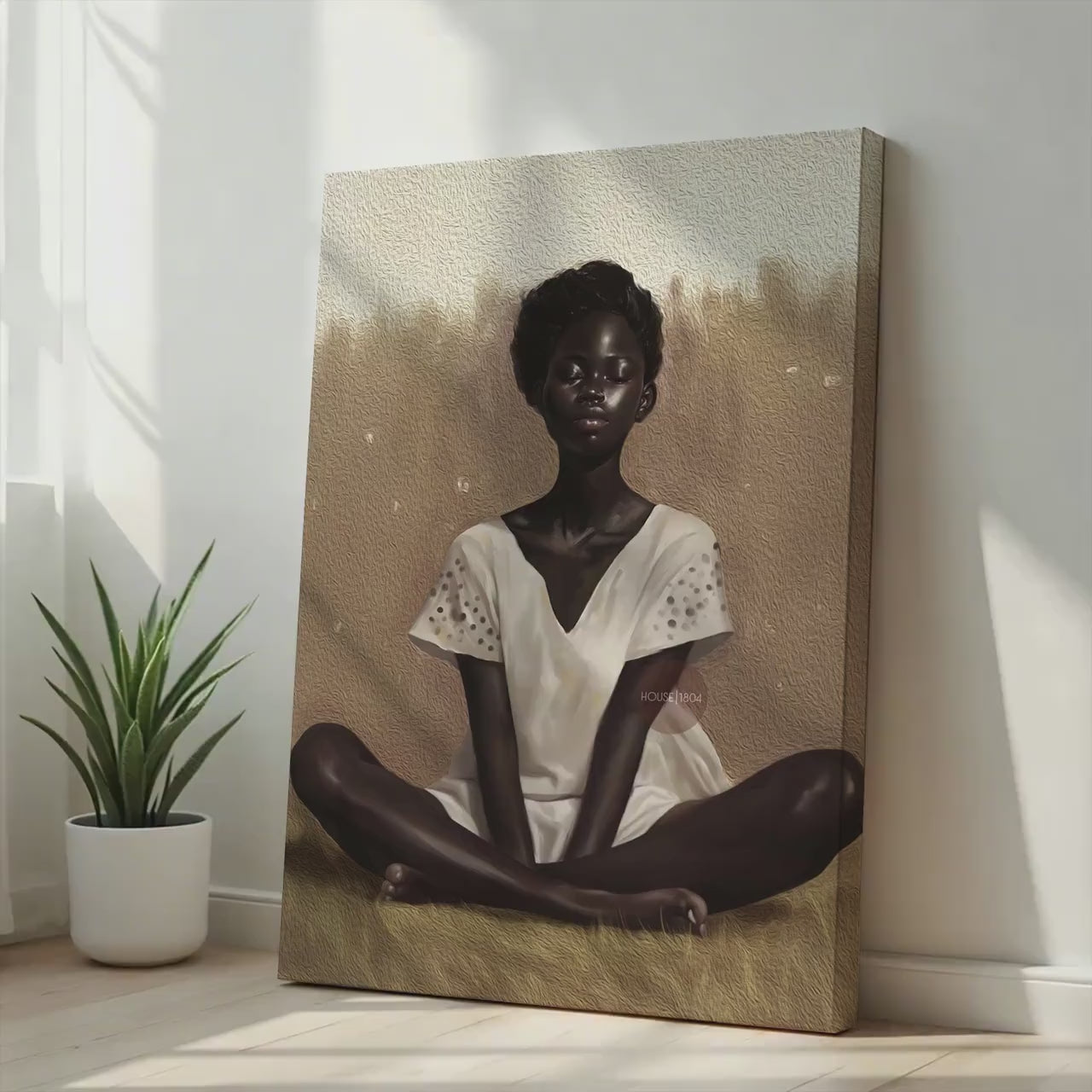 Black Woman Relaxing Wall Art – Afrocentric Canvas, Melanin Decor, Beige Luxury Print