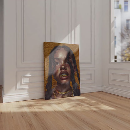 Black Woman Wall Canvas Art, Urban Afro Latina Canvas, Gold Grillz Print