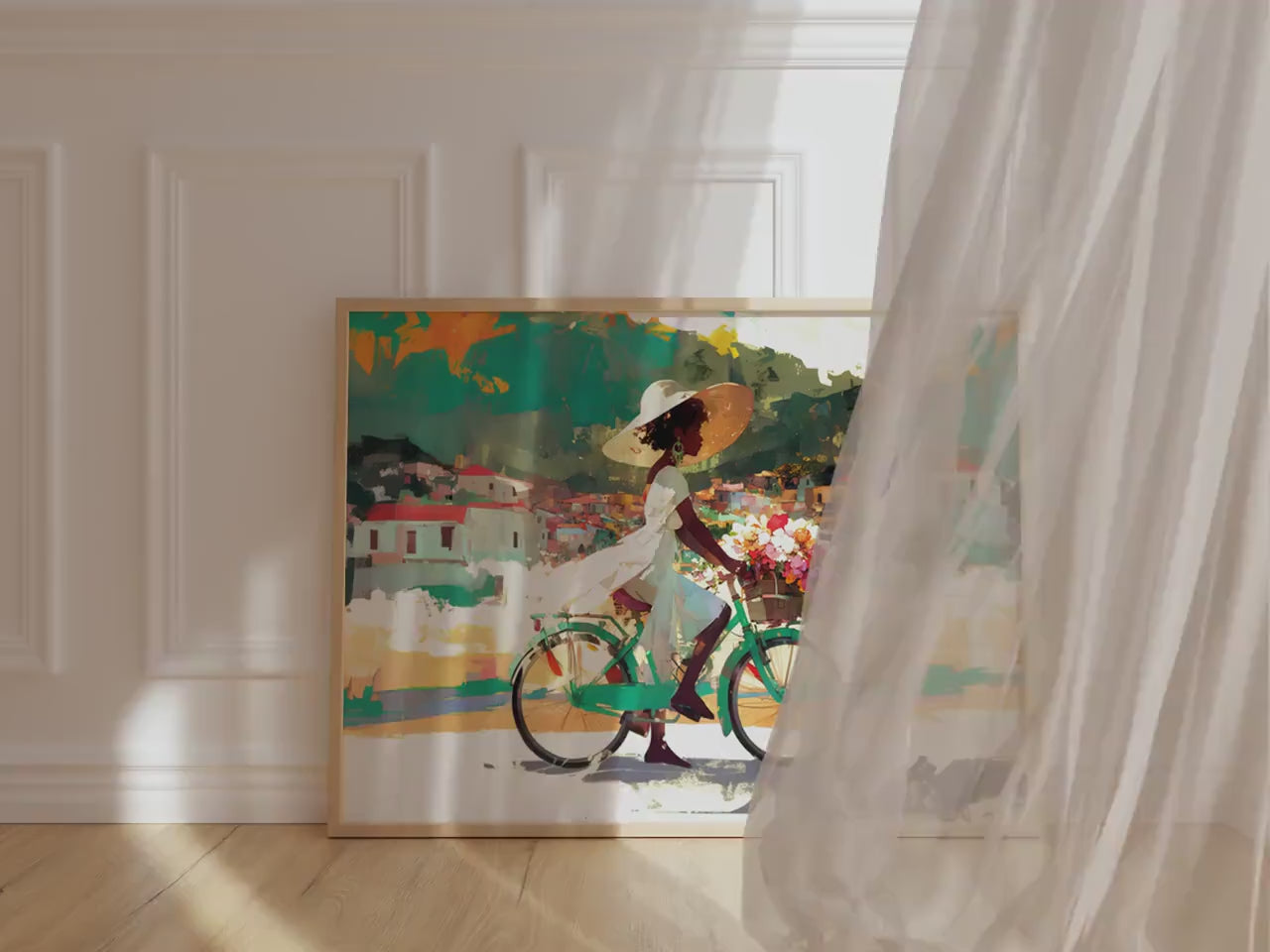 Bicycle Art, Black Woman Riding Bike, Black Girls Riding Bikes, Black Woman Art Print, Colorful Black Women Art, Caribbean Countryside Art