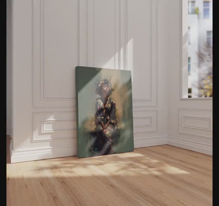 Bohemian Black Woman Art: Watercolor Canvas Portrait