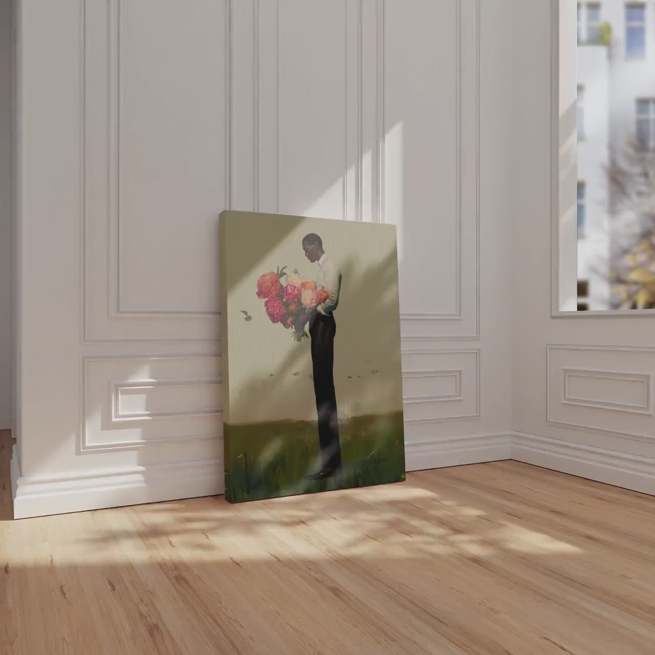 Black Man Flower Canvas Art Print: Floral Portrait Framed