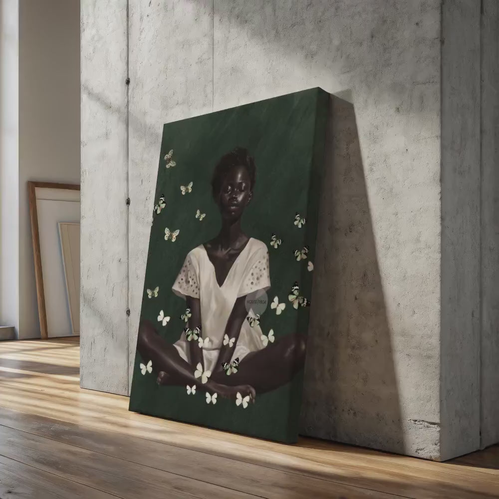 Black Woman Wall Art – Deep Green Serene Art Print With White Butterfly Portrait