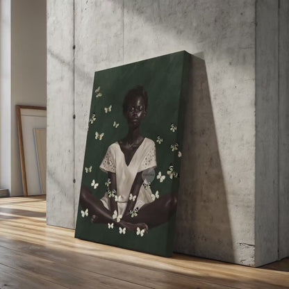 Black Woman Wall Art – Deep Green Serene Art Print With White Butterfly Portrait