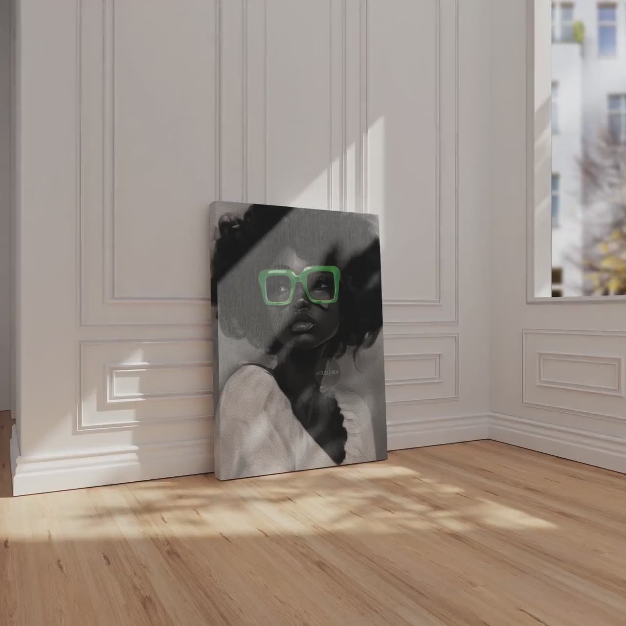 Black Woman Canvas Art - Bold Green Glasses Framed Black and White Portrait Print