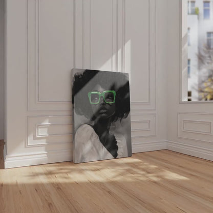 Black Woman Canvas Art - Bold Green Glasses Framed Black and White Portrait Print
